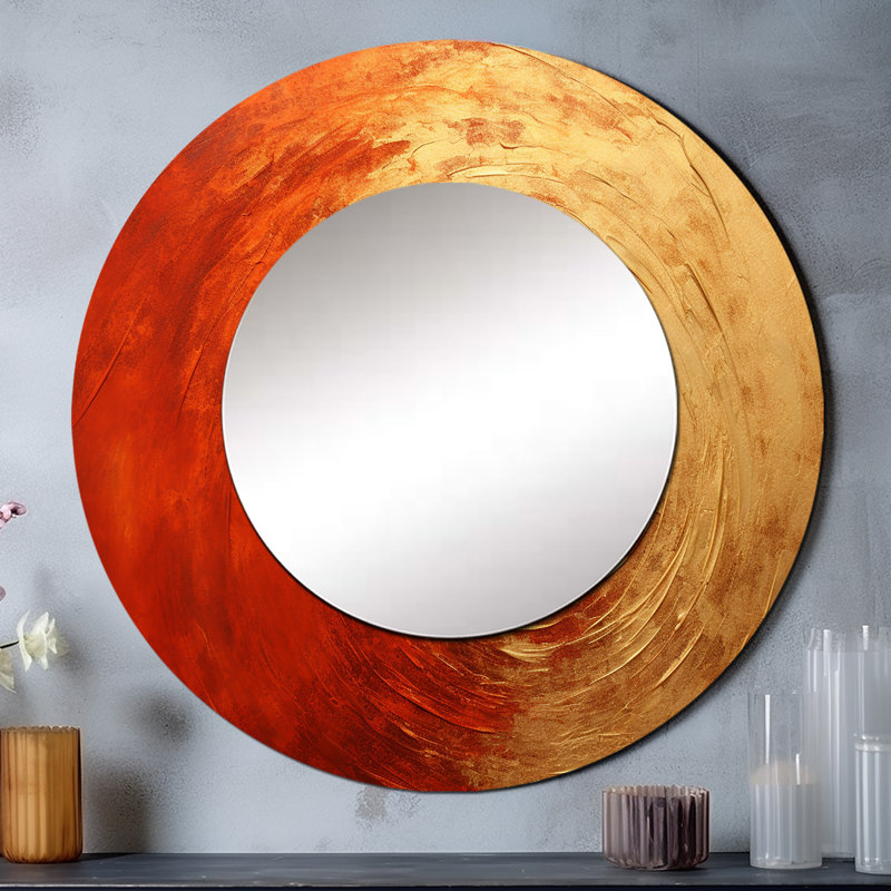 Sauer or rouge vermillon de Sauers - spirale abstraite, miroir mural rond doré, impression sur métal, 23 po x 23 po