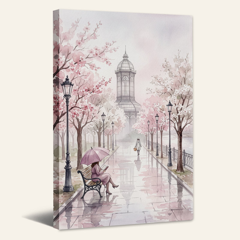 Femme lisant sous un parapluie rose dans un parc de fleurs de cerisier, art mural, H 36 po x l 24 po