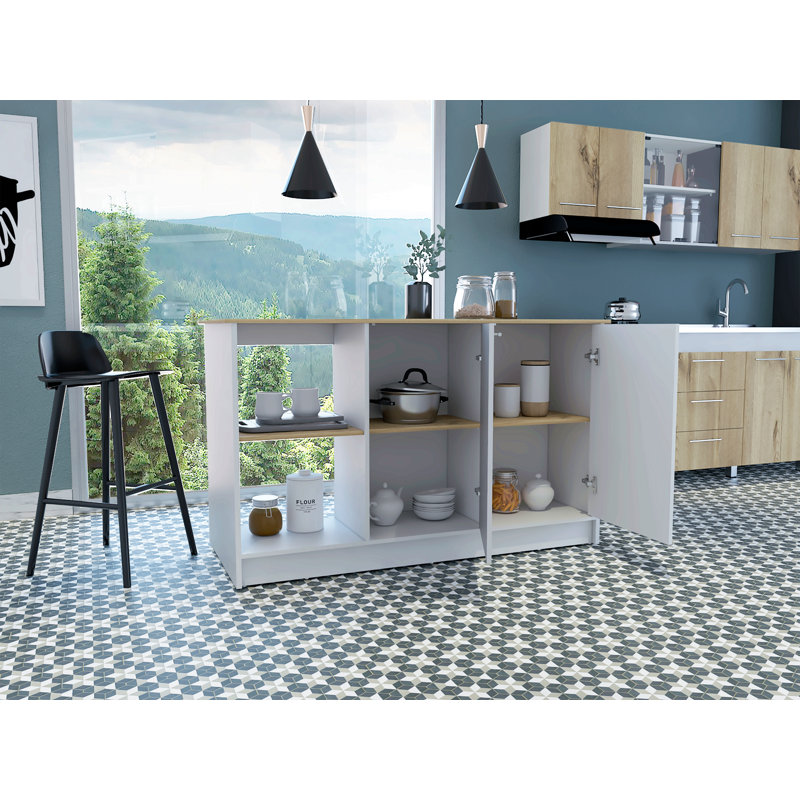 Kitchen Island With Large Countertop, Open Storage Shelves And Double Door Cabinet, White / Light Oak, White