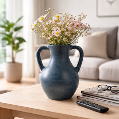 Kenith Handmade Terracotta Decorative Vase with Handle – Artisan Pottery Accent Vessel with Rustic Charm - Blue