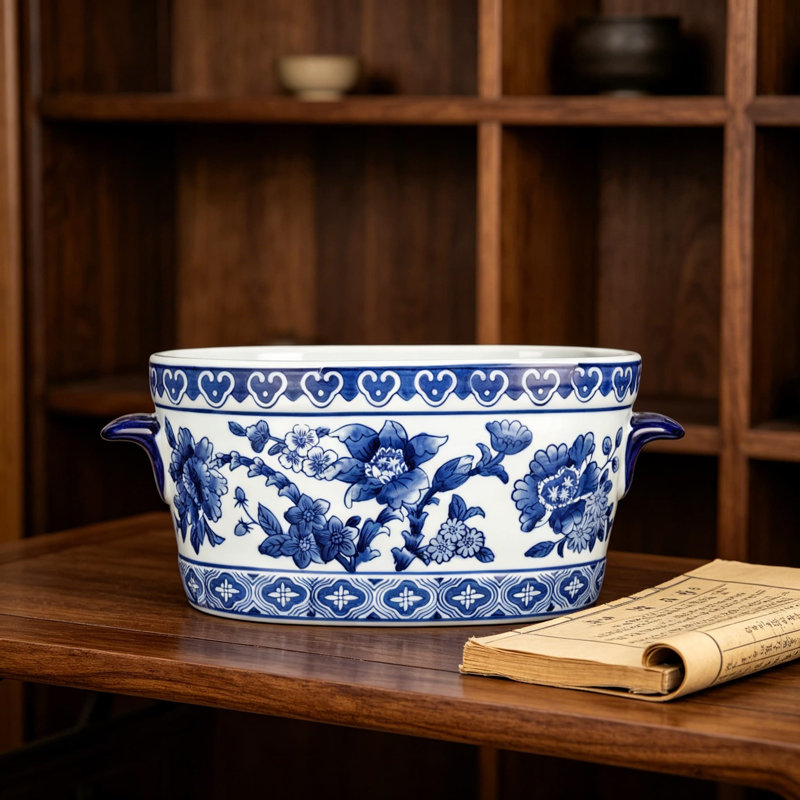 Blue And White Ceramic Planter Pot, Vintage Floral Oval Cachepot Vase For Indoor Plants, Flowers And Succulents, Glazed Chinese Porcelain Style Decorative Bowl, 10.6 Inch, No Drainage