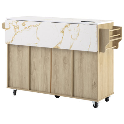 Fluted Kitchen Island with Storage, 55.5" Kitchen Island with Drop Leaf, Power Outlet, 4 Doors and 3 Drawers, Rolling Island Table with Faux Marble Top, Curved Edge for Kitchen,Dining Room Natural