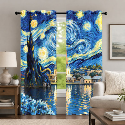 2Pcs Starry Night Sky Curtains, Artistic Landscape Pattern Curtain, Creative Oil Painting Style Printed Grommet Drapes, Window Treatment for Bedroom Living Room Decor