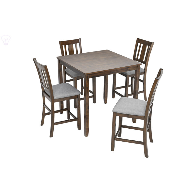 5 Piece Dining Table Set, Wooden Dining Square Table Set For 4, Counter Height Kitchen Table Set With Square Table And 4 Upholstered Chairs For Small Space