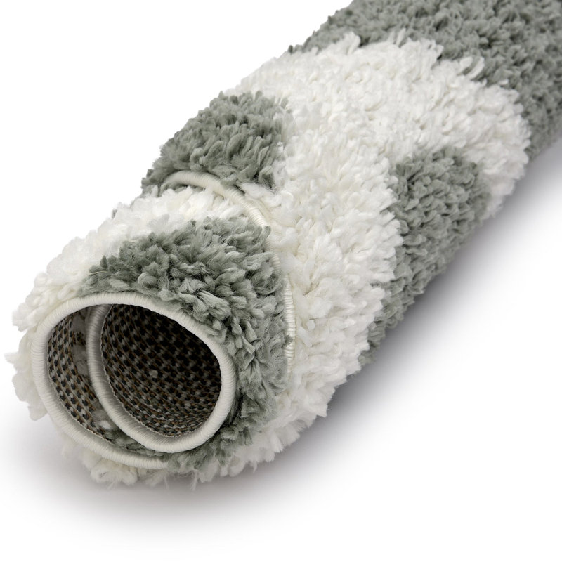 Moodi Modern Shaggy Area Rug Abstract Pebble Design, Off-White/Green, Round 120 cm