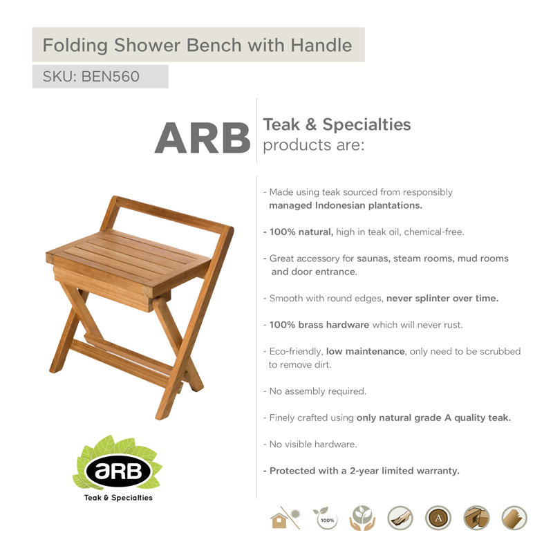 Fiji 16'' Teak Wood Folding Shower Bench with Brass Handle
