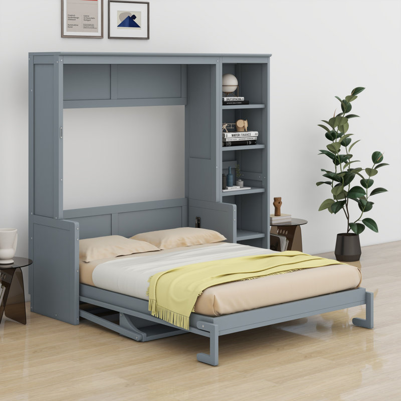 Lit escamotable avec bureau et bibliothèque Murphy, Gris, Lit double