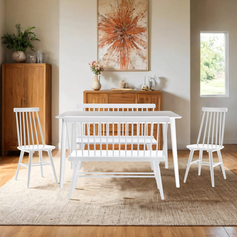 Hadiya 6 Person Solid Wood Breakfast Nook Dining Set, White