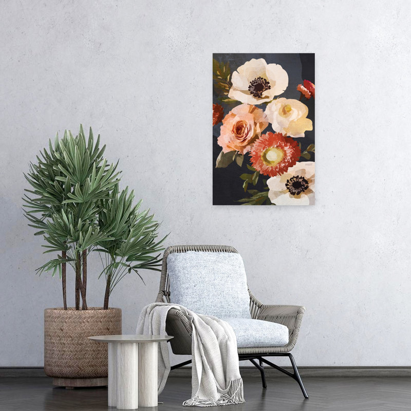 Floral sur fond noir 2 abstrait contemporain et élégant art mural, 24" H x 16" W