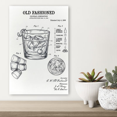 Old Fashioned Cocktail Patent Classic Vintage Cherry Wall Art Print
