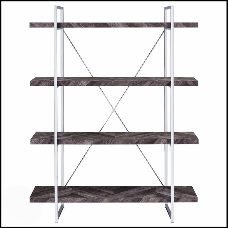Rustic Herringbone Bookcase with Metal X-Back Frame – Full-Length Shelves, High-Shine Chrome, Modern Industrial Style