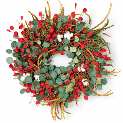 Couronne de Noël artificielle de style champêtre de 66 cm (26 po) avec feuilles d'eucalyptus mélangées et coton, décoration saisonnière pour porte d'entrée, mur ou porche, idéale pour les fêtes d'hiver.