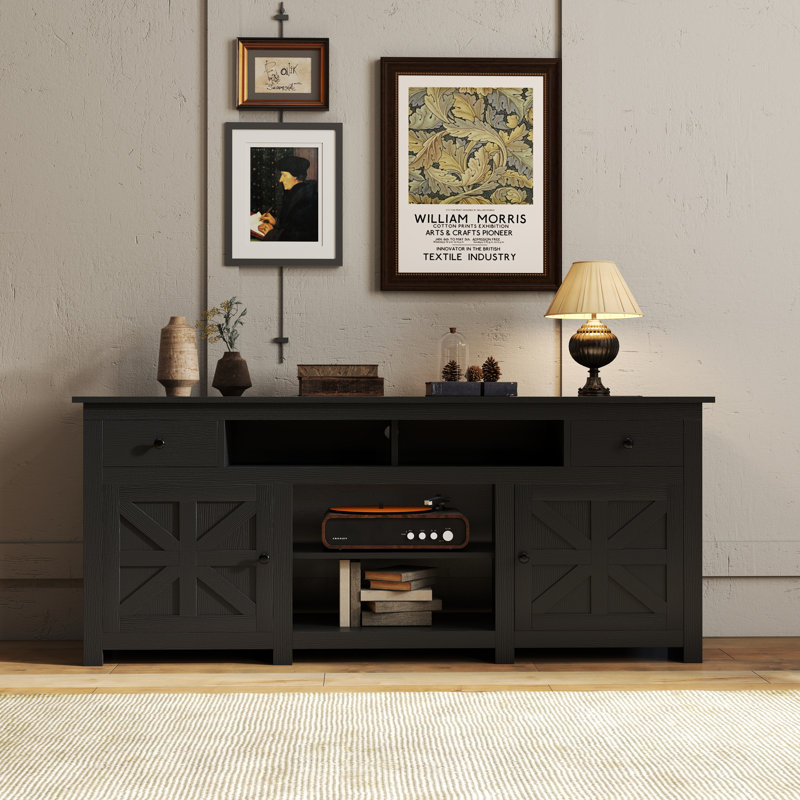 70"W Farmhouse TV Stand for TVs up to 80" with Power Outlet, Black, 30" H x 70" W x 15.5" D