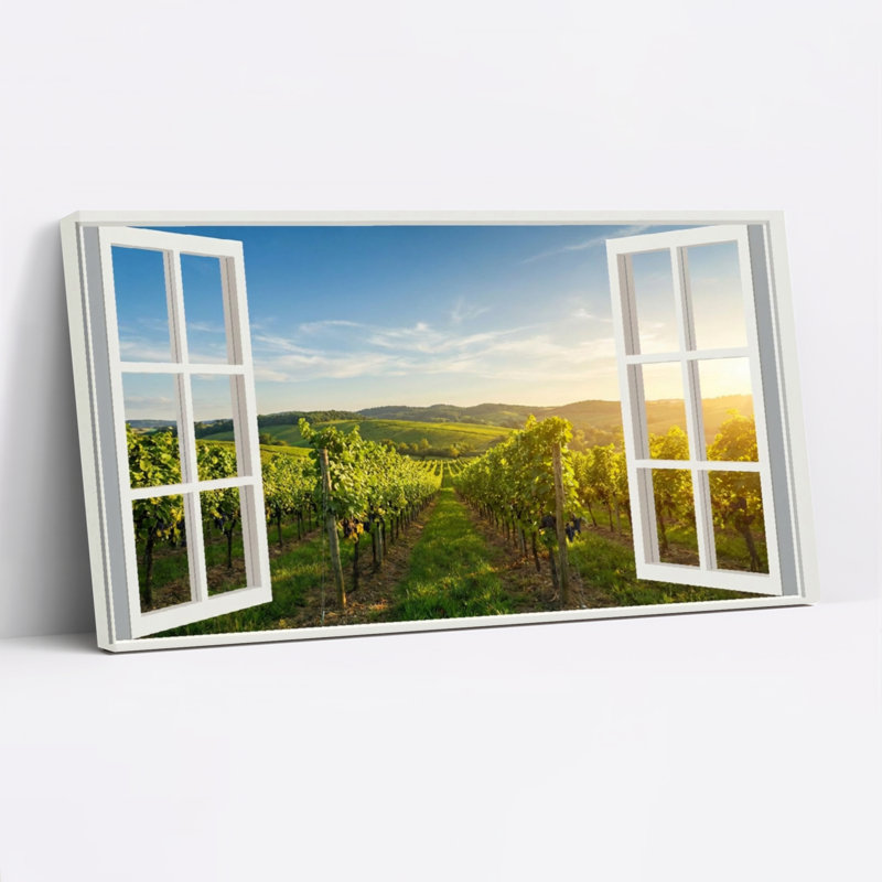 Ensemble de 1 tableau sur toile représentant un paysage de vignoble vu de la fenêtre, H 12 po x l 36 po
