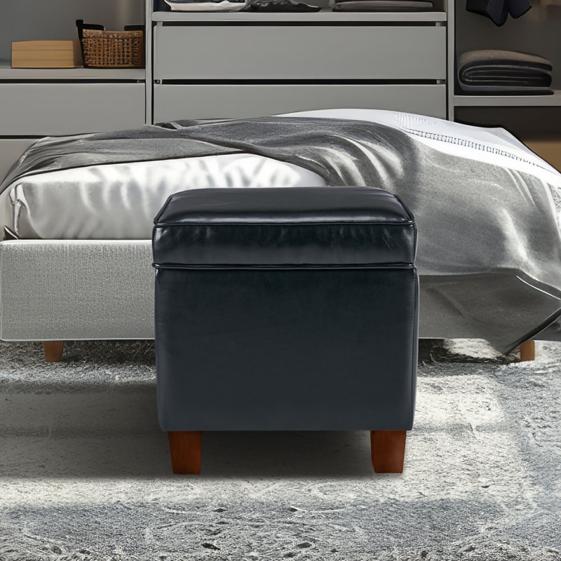 Kemmerer Faux Leather Storage Ottoman with Wooden Legs, Black Faux Leather