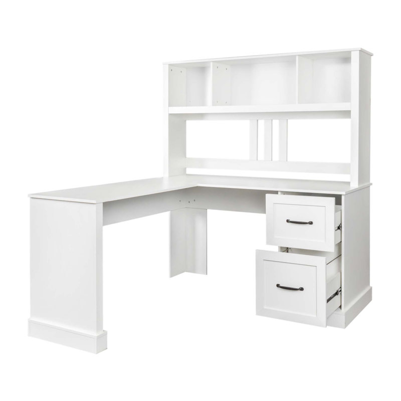 Bureau d'ordinateur à domicile avec 3 grands tiroirs et 2 tablettes ouvertes, Blanc