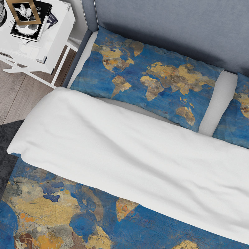 Carte du monde Golden Glam - ensemble de housse de couette traditionnel - microfibre de polyester