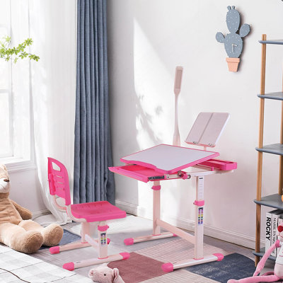 Desk For Kids Desk And Chair Set Kids Art Desk Drafting Table Desk Set With Adjustable Height, 40-Degree Tiltable Children Desktop, LED Light,Bookstand