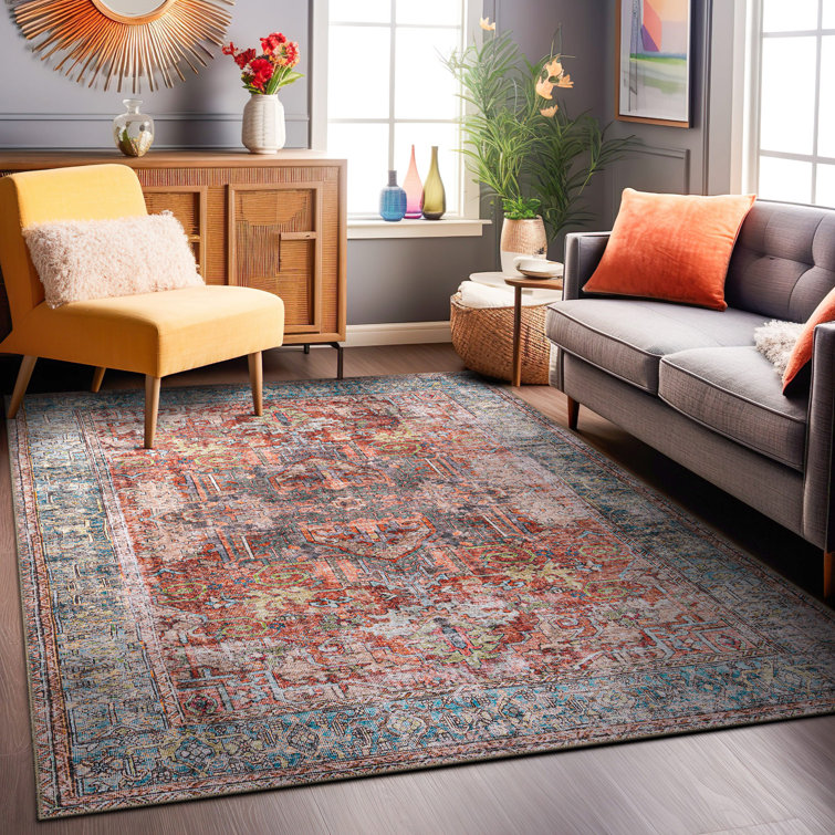 Labarbera Oriental Machine Washable Red/Blue Non-Slip Backing Area Rug