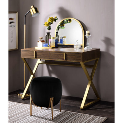Bureau de meuble-lavabo avec plateau à bijoux, 2 tiroirs de rangement, cadre en métal, miroir, miroir et fini rectangulaire en noyer et doré