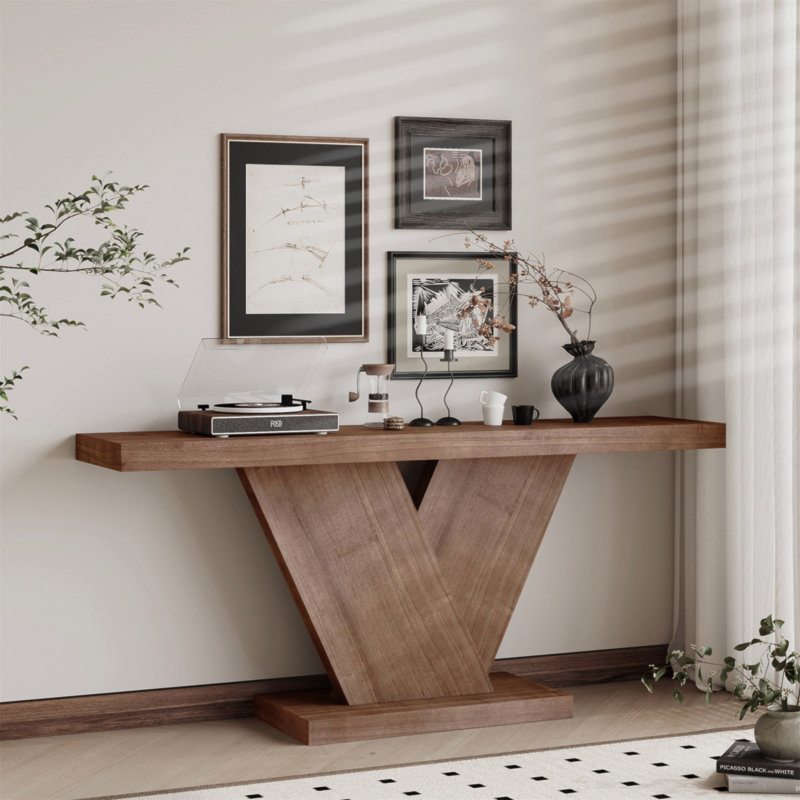Console de style moderne à 66 pieds en X avec placage en bois massif, table de couloir d'entrée robuste pour les petits espaces, table de chevet étroite de style Mid-Century avec design géométrique et plateau large