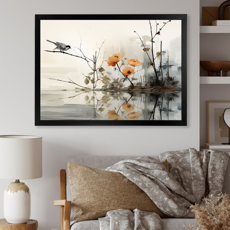 «Asian Art Sumi Bird Serenity XVIII», reproduction d'art sur toile, H 12 po x l 20 po x P 1 po, Cadre simple noir