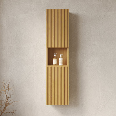Narrow Bathroom Cabinet 59" Tall - With Doors And Shelves In Oak For Decorative Purpose Storage