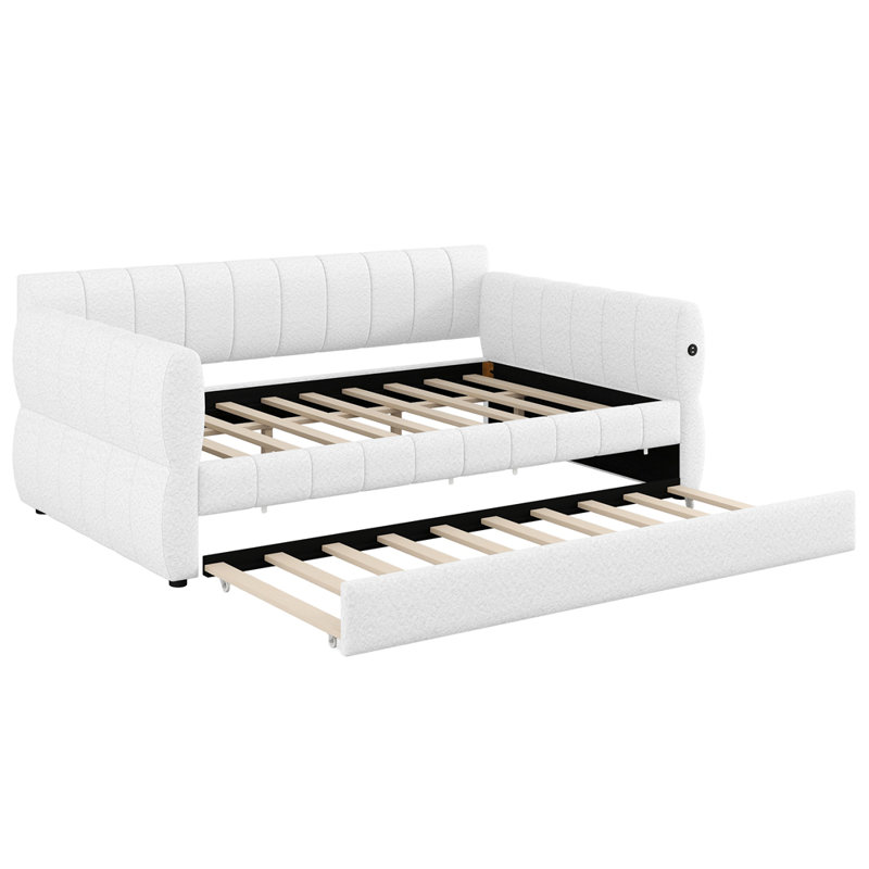 Queen Size Upholstered Platform Bed with USB and Trundle, White