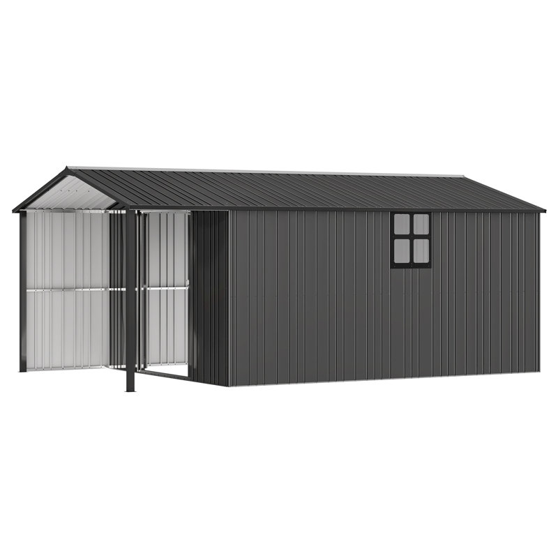 Remise de rangement extérieure en acier galvanisé 10 pi x 11,5 pi x 7,4 pi avec portes doubles, 2 fenêtres et panneaux transparents gris foncé