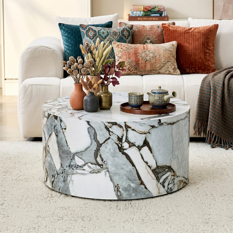 Table basse cylindrique ronde de 23,6 po avec placage en noyer - Table de salon moderne à profil bas de 11,8 po - Base antidérapante - Noyer profond