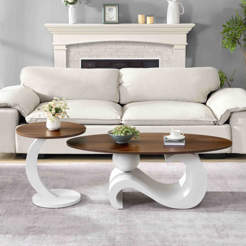Table basse de salon blanche, tables ovales de 47,24 po et rondes de 19,69 po, conception élégante, étapes d'assemblage simples en blanc, 2 pour l'espace, table, base latérale en métal, coussins réglables