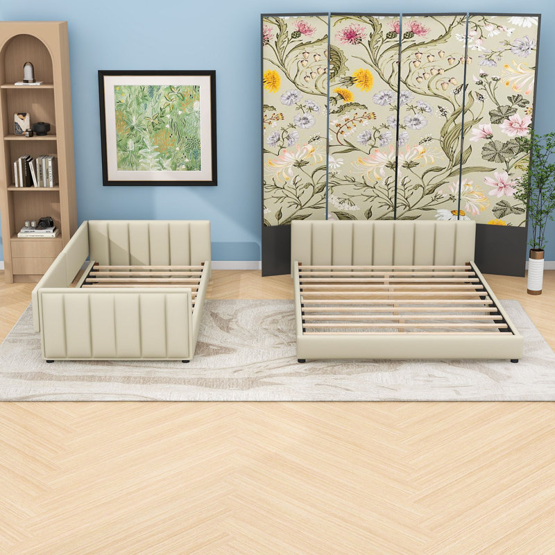 Lit plateforme grand et simple en polyuréthane revêtu de polyuréthane avec pieds centraux, Beige