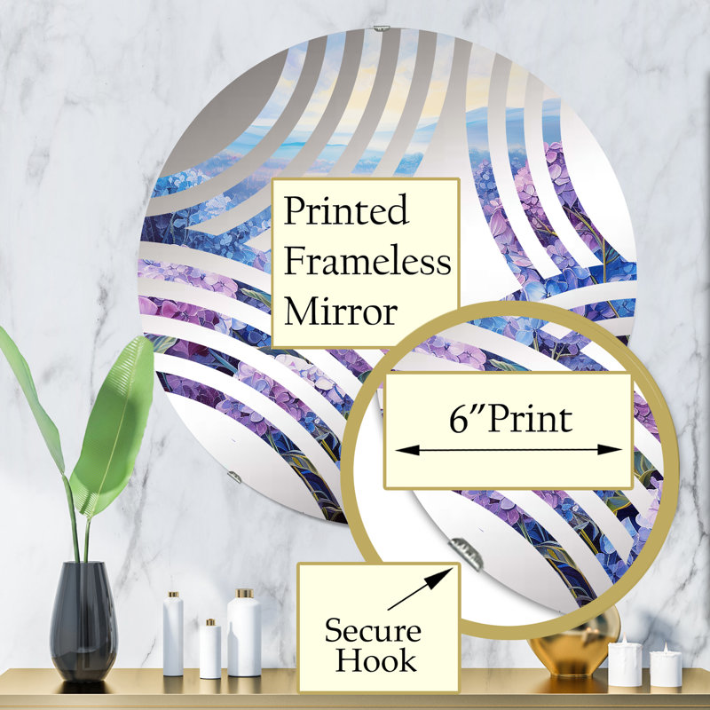 Hortensia mauve, fleurs du paradis - miroir décoratif à éventail Baptist - MIR112147-Rond, 31,4 po x 31,4 po