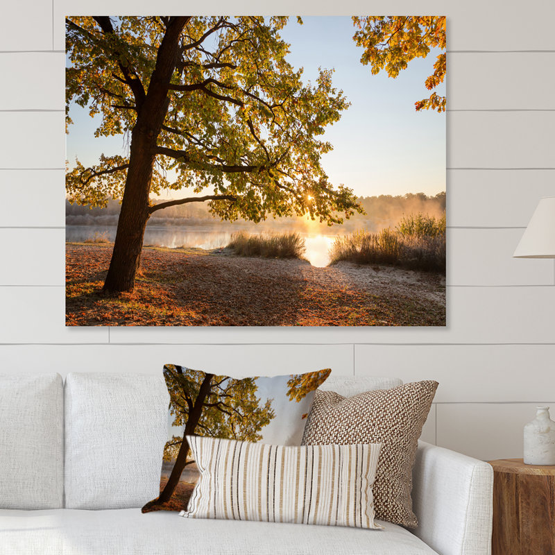 «Sunrise On Autumn Trees By The Lake II», œuvre d'art traditionnelle sur toile, H 8 po x l 12 po, Toile tendue