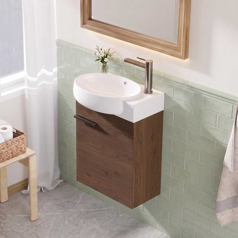 Meuble-lavabo suspendu de 40,6 cm (16 po) avec lavabo en céramique, porte à fermeture douce et rangement, blanc, Brown