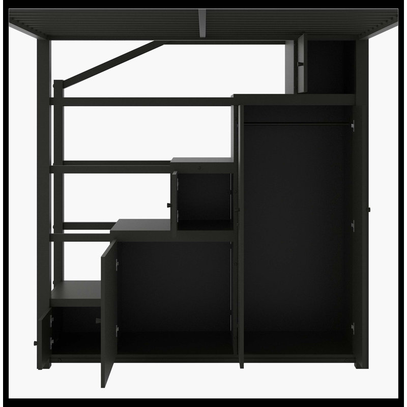 Grand lit mezzanine en métal noir avec tablettes de rangement, armoires et garde-robe