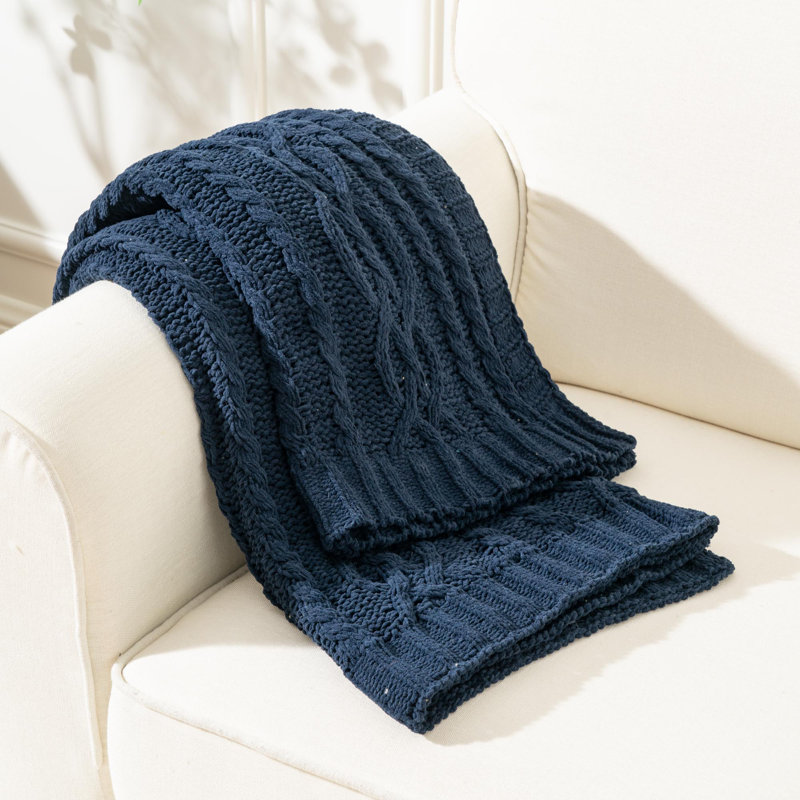  Knitted Luxury Chenille Throw, Navy