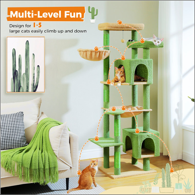 69" Tall Green Sisal and Plush Cat Tree with Hammocks