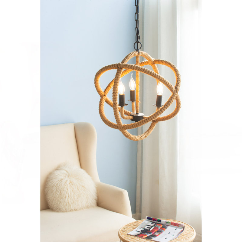 3- Light Farmhouse Chandelier, Rope Chandelier Globe Hanging Light Fixture with with Adjustable Chain for Kitchen Dining Room Foyer Entryway, Bulb Not Included