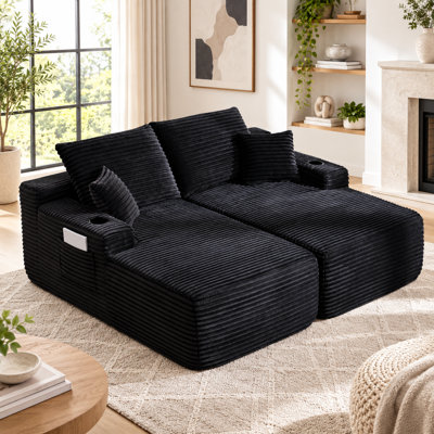 Chaise Lounge Chair Indoor, 69 Inch Double Chaise Lounge Sofa with Cup Holders & Side Pocket, Plush Corduroy Boneless Floor Sofa with Deep Seat, Sleeper Couch Bed for Bedroom Living Room, Black