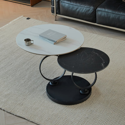 Tables basses rondes imbriquées - Plateau en faux marbre blanc et noir avec structure en métal noir robuste, ensemble de tables basses de salon peu encombrantes 
