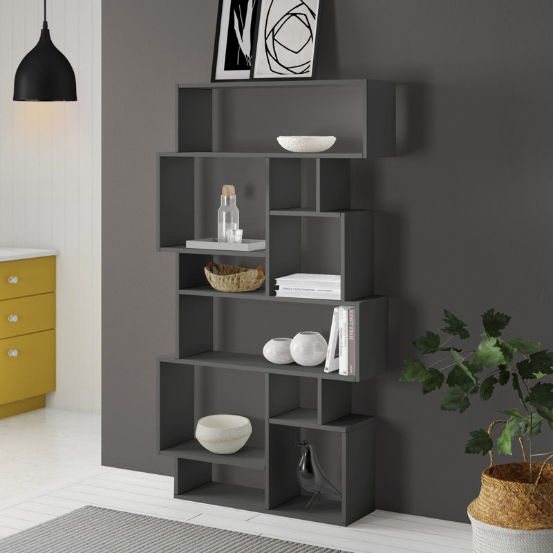 Sandra Bookcase | Asymmetric Freestanding Bookcase with 10 Compartments, Anthracite