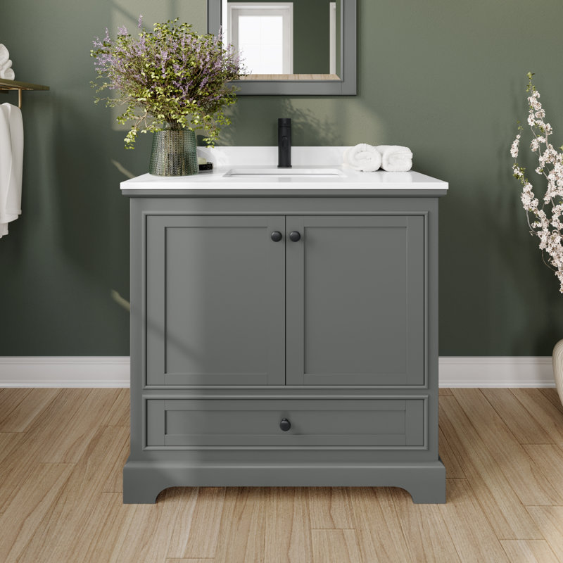 Deborah 36'' Single Bathroom Vanity with Marble Top, White Cultured Marble, Dark Gray, Matte Black