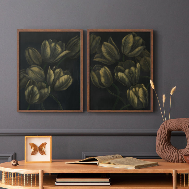 Impression encadrée de tulipes dorées I-Premium - prêt à être accroché - aucun clou requis - aucun clou requis, Noyer