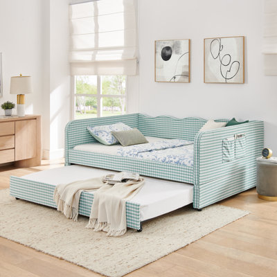 Lit de jour, canapé-lit convertible 3-en-1 rembourré Gingham avec couchette et poches de rangement latérales, idéal pour les petits espaces