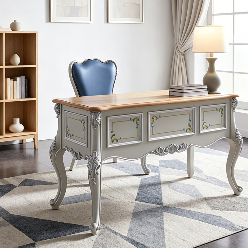 Retro Painted Rectangular Solid Wood Writing Desk, Brown/White