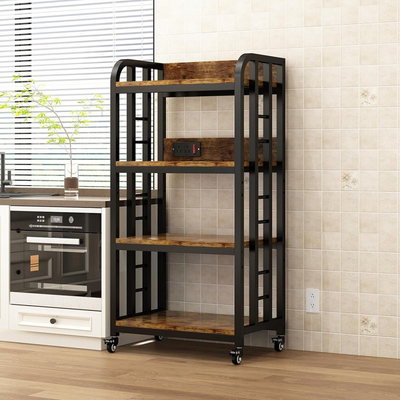 4-Tier Kitchen Baker’S Rack With Power Outlet And Wheels, Adjustable Freestanding Microwave Stand With Storage Shelves, Coffee Bar Station And Organizer For Spices, Pots, And Pans – Brown