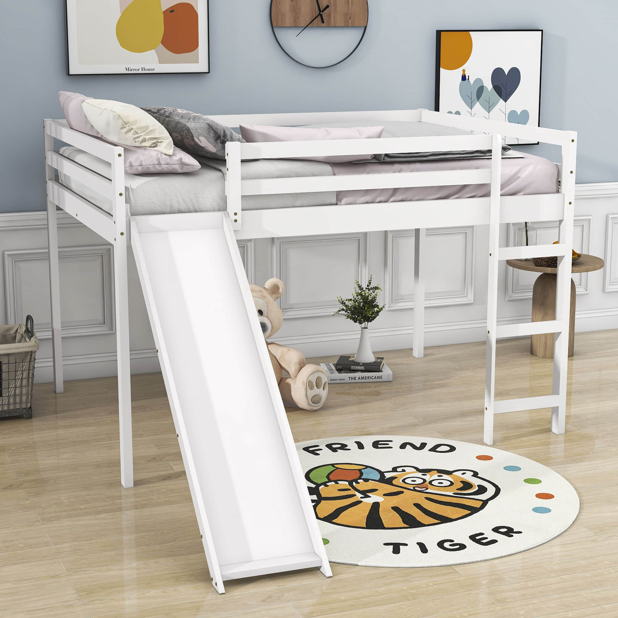 Full size loft clearance bed with slide