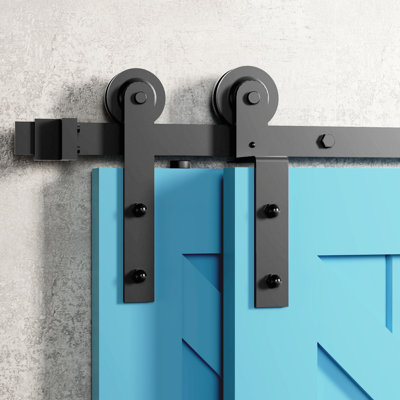 Straight Design Black Rustic Single Track Bypass Two Door Barn Door Hardware Kit