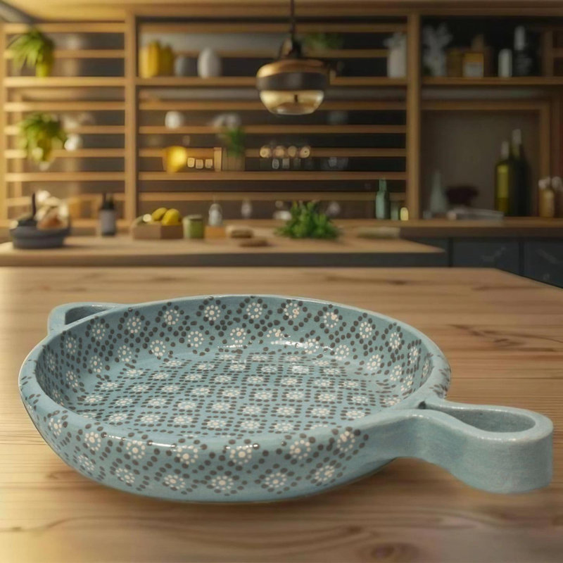 8" Aqua Patterned Clay Frying Pan